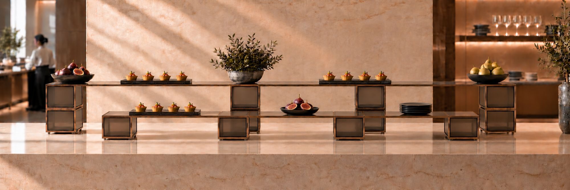 STOA FRAME in smoked glass and bronze, stepped across bricks and links in a hotel restaurant