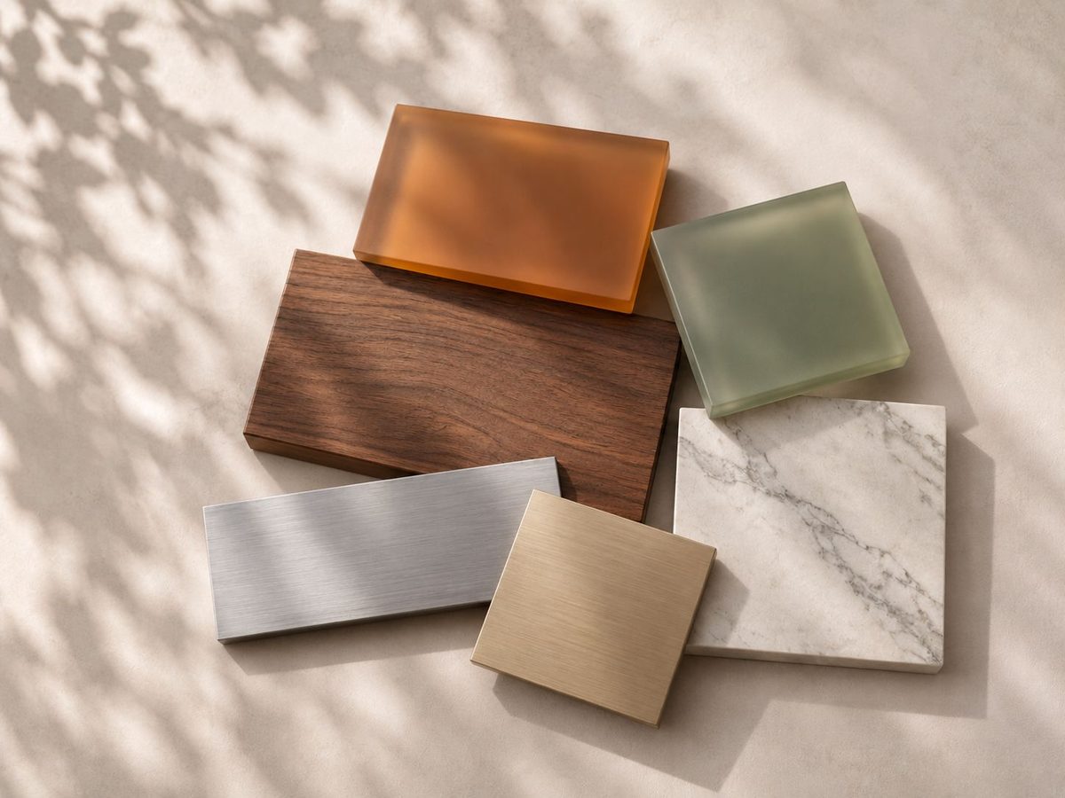 Samples of frosted resin, timber, brushed aluminium and stone