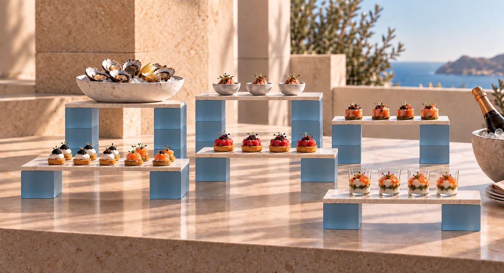 STOA in blue resin and stone on a terrace buffet by the sea, set with oysters, tarts and verrines